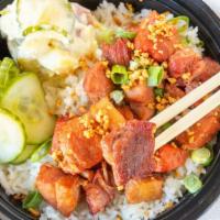 Pork Belly Rice Bowl · Red braised pork belly, crushed peanuts, scallions with  japanese potato salad & pickled cuc...