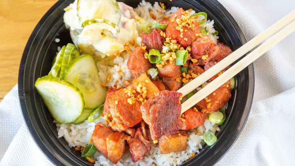 Pork Belly Rice Bowl · Red braised pork belly, crushed peanuts, scallions with  japanese potato salad & pickled cucumber.