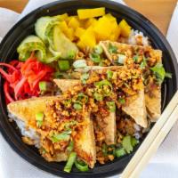 Tofu Rice Bowl · Fried marinated tofu, pickled red ginger, green onion & cilantro served w/ cucumber salad & ...