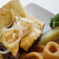 Zazzo Burger · 1/2 lb. burger on garlic bread with American cheese and grilled onions.