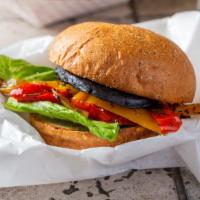 Portabello Burger · Balsamic-roasted portabello mushroom, pepperonata (roasted red & yellow peppers with onions ...