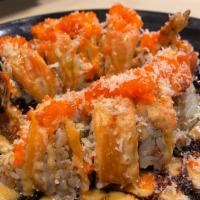 Thunder Roll  · Tempura shrimp,avocado,cream cheese top with bake salmon,spicy mayo,sweet sauce,masago,tempu...