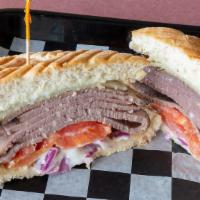 Beefeater Sandwich · Sliced roast beef, provolone cheese, tomato, sliced red onions, dressed with horseradish sau...