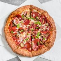 Large Supreme Dough · Pizza sauce, mozzarella, pepperoni, ham, mushrooms, white onion & green pepper