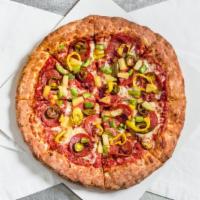 Large  Mayan Hawaiian · Pizza sauce, mozzarella, pepperoni, bacon, jalapeño, banana pepper, green pepper & pineapple