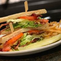 Blt · Thick cut pecan smoked bacon, butter lettuce, tomato, mayo, on toasted sourdough.