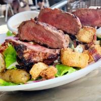 Steak · Grilled flat iron, chopped egg, red onion, fingerling potatoes, gorgonzola, bacon, croutons,...