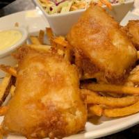 Fish & Chips · Fresh beer battered cod, hand-cut fries, slaw, tartar sauce.