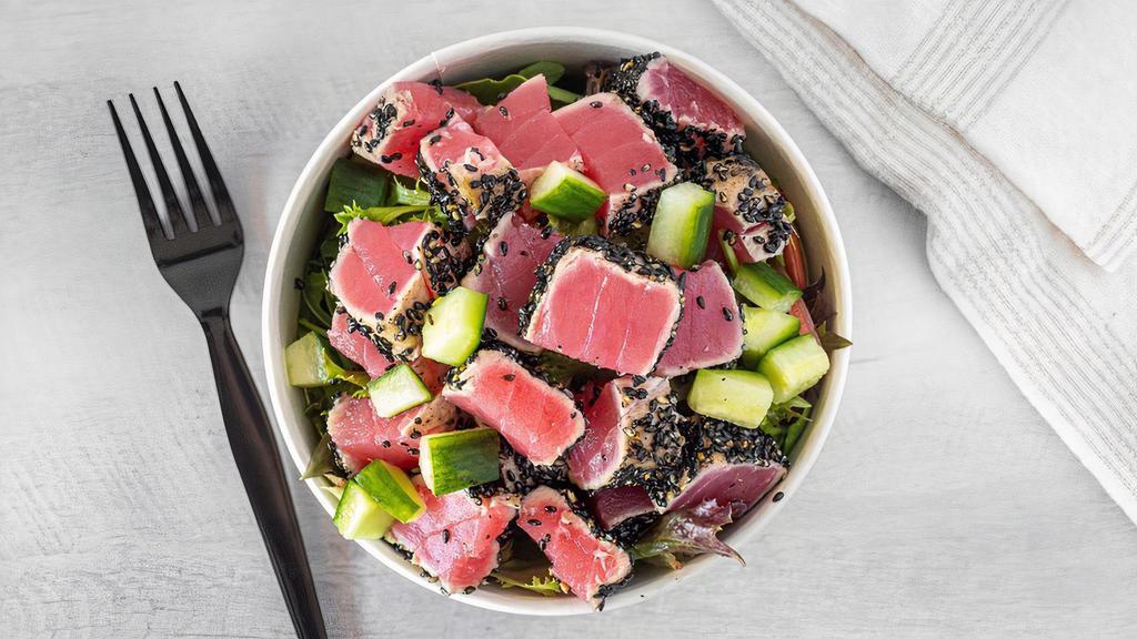 Seared Ahi Tuna Salad · Seared ahi tuna, organic spring mix, sesame seeds, tomatoes