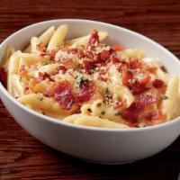 Smoked Bacon Mac N Cheese · Mini penne, smoked bacon, government cheese,cheddar and smoked mozzarella topped with housem...