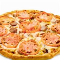 Capo Siciliano Pizza · Canadian bacon, freshly sliced pepperoni and Italian sausage, onions, ripe tomatoes, fresh b...