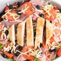 Sarpino'S Signature Salad · Tender grilled chicken strips, lean Canadian and smoked bacon, freshly sliced pepperoni, bla...