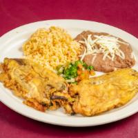 2 Chile Rellenos (Cheese) · Served with beans, rice and tortillas.