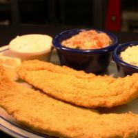 Fried Catfish · Two large, hand-breaded catfish filets deep-fried and served with two sides, a lemon wedge a...