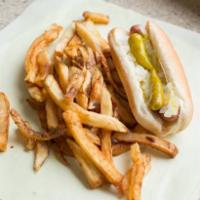 Vienna Beef Hot Dog · A pure beef hot dog inside a hot steamed bun served with fresh-cut fries made daily!