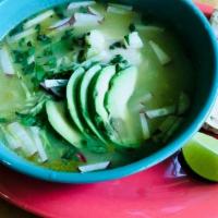 Chicken Pozole Verde Soup (Bowl) · Shredded lettuce, radishes, cilantro, avocado, lime, corn tortillas