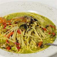 Linguine Al Pesto · Linguini pasta tossed with a combination of tomatoes, mushrooms, asparagus and roasted red p...