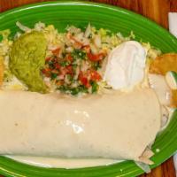 Burrito Ixtapa · Scallops, shrimp, chicken with bell peppers, onions, toamtoes, pineapple, pico fe gallom gua...