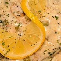 Chicken Piccata · Sautéed chicken, mushrooms and capers in white wine lemon sauce. Served with cheddar, bacon ...