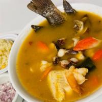 Levanta Muertos / House Seafood Soup · Camarón, Filete, Mojarra, Jaiba, Pulpo, Callo de Hacha. / Shrimp, Tilapia Fillet, Whole Tila...