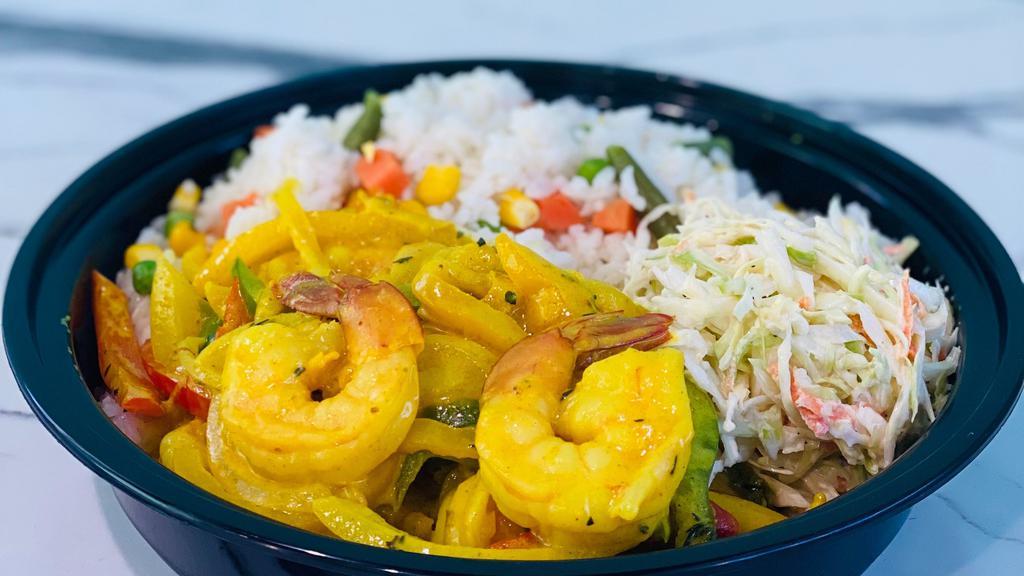 Curry Shrimp Bowl · Jumbo Gulf Shrimp: Sauté And Reduce In Fresh Squeeze Coconut Cream/Juice. With Bell Peppers: Red, Green & Yellow. Season With Island Spices and herbs. Serve With Side of Vegetable White Rice/ Rice & Beans and Coleslaw.