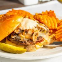 Lumes Burger · 1/2 lb burger patty, caramelized onion, mushroom, jack cheese, garlic aioli.