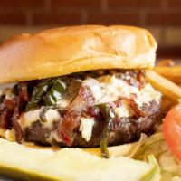 Flamethrower Burger · Pepper jack with jalapenos, diced honey pepper bacon and spicy ranch dressing makes this a s...