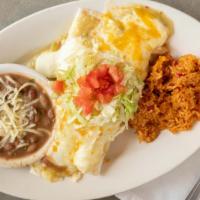 Sour Cream Chicken Enchiladas · Flour tortillas, chicken, sour cream sauce, and our green chili sauce topped with jack, ched...