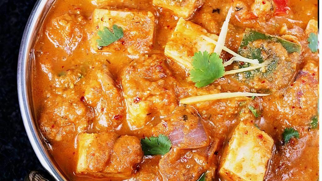 Kadai Paneer · Gluten-free. Fresh cottage cheese sauteed with roasted crushed spices.