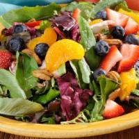 Fruit & Berry Salad · Fresh mixed greens with candied walnuts, blackberries, strawberries, blueberries, roma tomat...