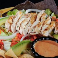 Cabo San Lucas Salad · Leafy greens, house marinated grilled chicken, pepper jack cheese, fresh sliced onion, and a...