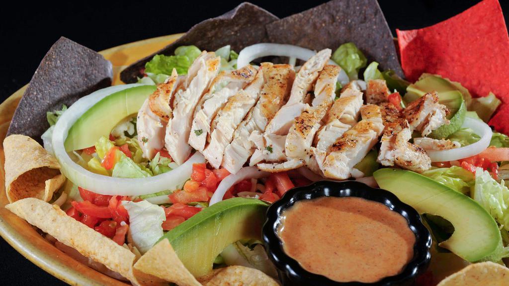 Cabo San Lucas Salad · Leafy greens, house marinated grilled chicken, pepper jack cheese, fresh sliced onion, and avocado. Served with our special spicy dressing and garnished with seasoned tri-colored tortilla chips.