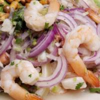 Shrimp Salad · Marinated shrimp with fresh lime juice and jalapeños, with cucumbers, avocado, tomato and or...
