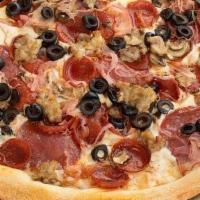 Zasa Supreme · Topped with pepperoni, salami, sausage, mushroom, black olives, and red onions