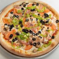 Maureen (Veggie) Pizza · Topped with tomato, bell peppers, red onions, black olives, green peppers, and mushrooms