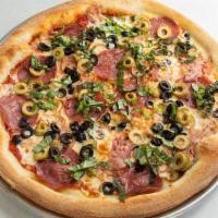 Gf Tommy Mulligan · Topped with red onions, black olives, salami, green olives, and basil