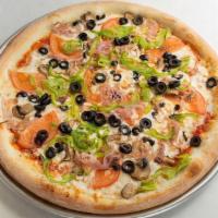 Gf Maureen (Veggie) Pizza · Topped with tomato, bell peppers, red onions, black olives, green pepper, and mushrooms