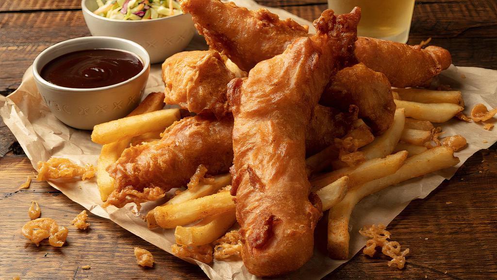 Chicken Tender Dinner · Sam Adams beer-battered chicken tenders, with choice of BBQ sauce, honey mustard or ranch dressing. Served with seasoned fries and honey mustard coleslaw
