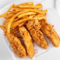 Jumbo Chicken Tenders (5) · Served with fries, bread and sauce.