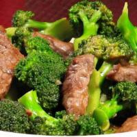 Beef With Broccoli Platter · Served with roasted pork, fried rice, and egg roll.