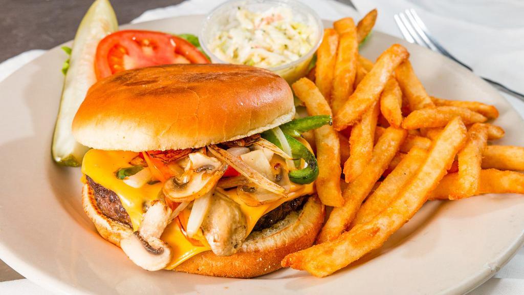 Maxfield'S Gourmet Burger (1/2 Lb.) · A mountain of fresh ground beef char-broiled to order, topped with grilled onions, mushrooms, peppers, and American cheese on a hamburger bun.