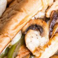 Philly Chicken Cheesesteak · Sliced chicken, melted cheese, grilled onions, roasted bell peppers, sauteed mushrooms, hoag...