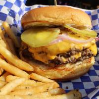 Big Cheese Burger · Jon’s Naturals double wagyu beef patty, american cheese, garlic aioli, pickle, onion.