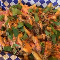 Hammer Pants Loaded Fries · Fries loaded with beer cheese, sweet roasted pork, cilantro and pickled red onions.