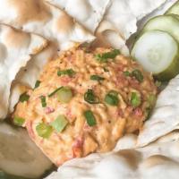 Smoked Pimento Dip With Dill Pickles · Served with lavosh crackers.
