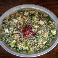 Shaved Kale Salad · Shaved kale, shaved smoked gouda, diced apple, pine nuts, dried cranberry, peppercorn dressi...