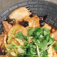 Spicy Hot Pot / 麻辣香锅 · Sliced fatty beef, pork belly, potatoes, wood-ear mushrooms, bamboo shoots and tofu skin.