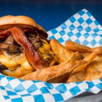 Heart Stopper · Two prime Angus beef patties, sautéed mushrooms, onions, nueske’s bacon, American cheese, ch...