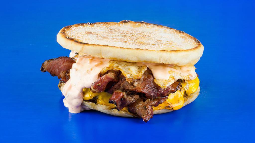Hangover · Prime Angus, American cheese, pastrami, fried egg, hangover sauce, English muffin.

* Whether dining out or preparing food at home, consuming raw or undercooked meats, poultry, seafood, shellfish or eggs may increase your risk for foodborne illness.