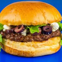 Greek Freak Burger · Angus Patty, Feta Cheese, Tzatziki Sauce, Arugula, and Kalamata Olives